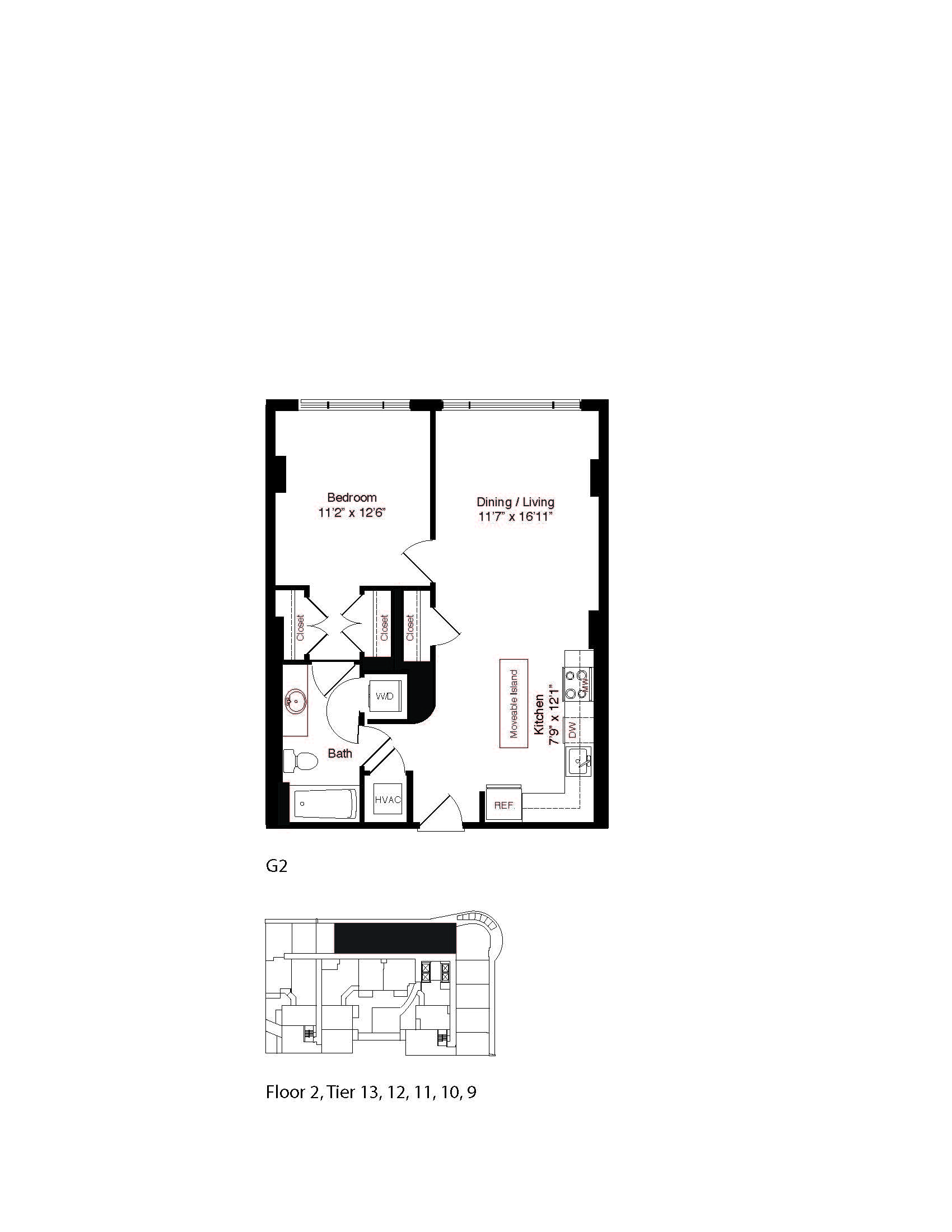 Floor plan for 1 bed, 1 bath, 718 sqft